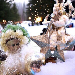 Santa Riding Star Decoration Assemblage Art Artisan Designed Felt Silver Gold